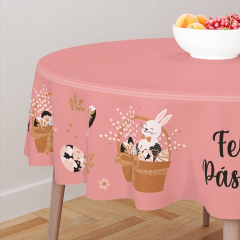 Toalha de Mesa Redonda 4 Lugares Feliz Páscoa Coelho Branco