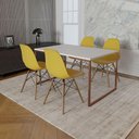 Ver imagem 1 de Mesa Industrial Base Ferro Cobre Tampo 137X90 Branco 4 Cadeiras Madeira Assento Amarelo Branco