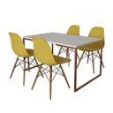 Ver imagem 6 de Mesa Industrial Base Ferro Cobre Tampo 137X90 Branco 4 Cadeiras Madeira Assento Amarelo Branco