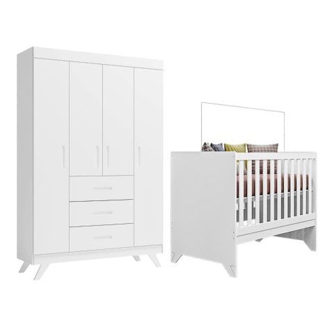 Quarto Infantil Maya Branco Acetinado Roupeiro e Berço Mini Cama Móveis Canaã