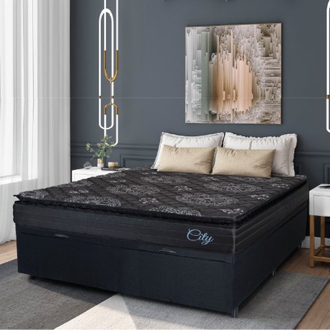 Cama Box Baú Casal Colchão com Molas Ensacadas City Pillow Top 138x188x64cm Preto Hellen