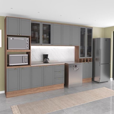 Cozinha Completa com Balcão Milla Portale 15 Portas 3 Gavetas MDF-MDP Nogal com Cinza Titânio Mó