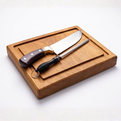 Kit Churrasco Tábua Cepo Maciço 5cm Faca Artesanal Chaira