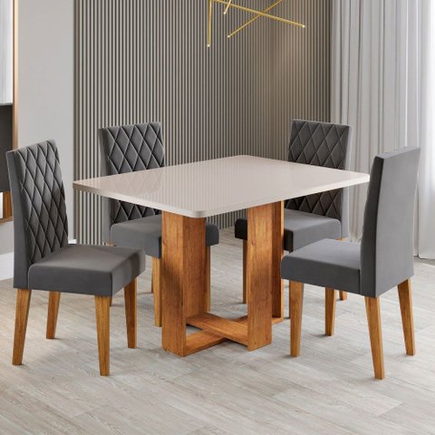 Mesa de Jantar 4 Lugares Afrodite com Vidro Mel/off White/veludo Cinza - Viero Móveis