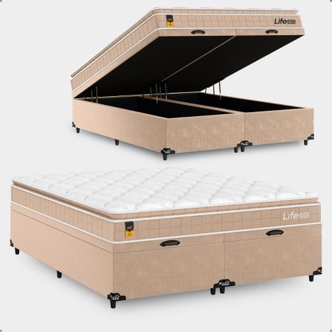 Cama Box Baú Queen Bipartido + Colchão Life D33 Pillow Top 56x158x198cm - Bege - e-Shop Casa