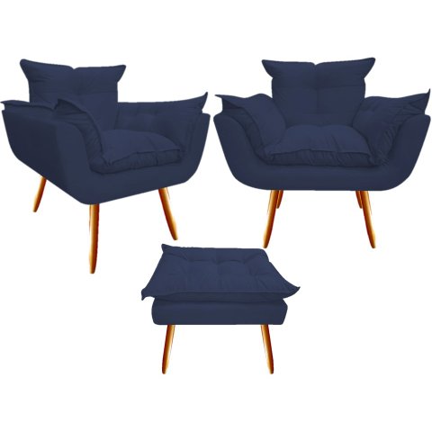 Kit 2 Poltronas + Puff Decorativo Opala Suede Azul Marinho Pés Madeira Ms Decor