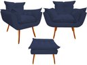 Ver imagem 1 de Kit 2 Poltronas + Puff Decorativo Opala Suede Azul Marinho Pés Madeira Ms Decor