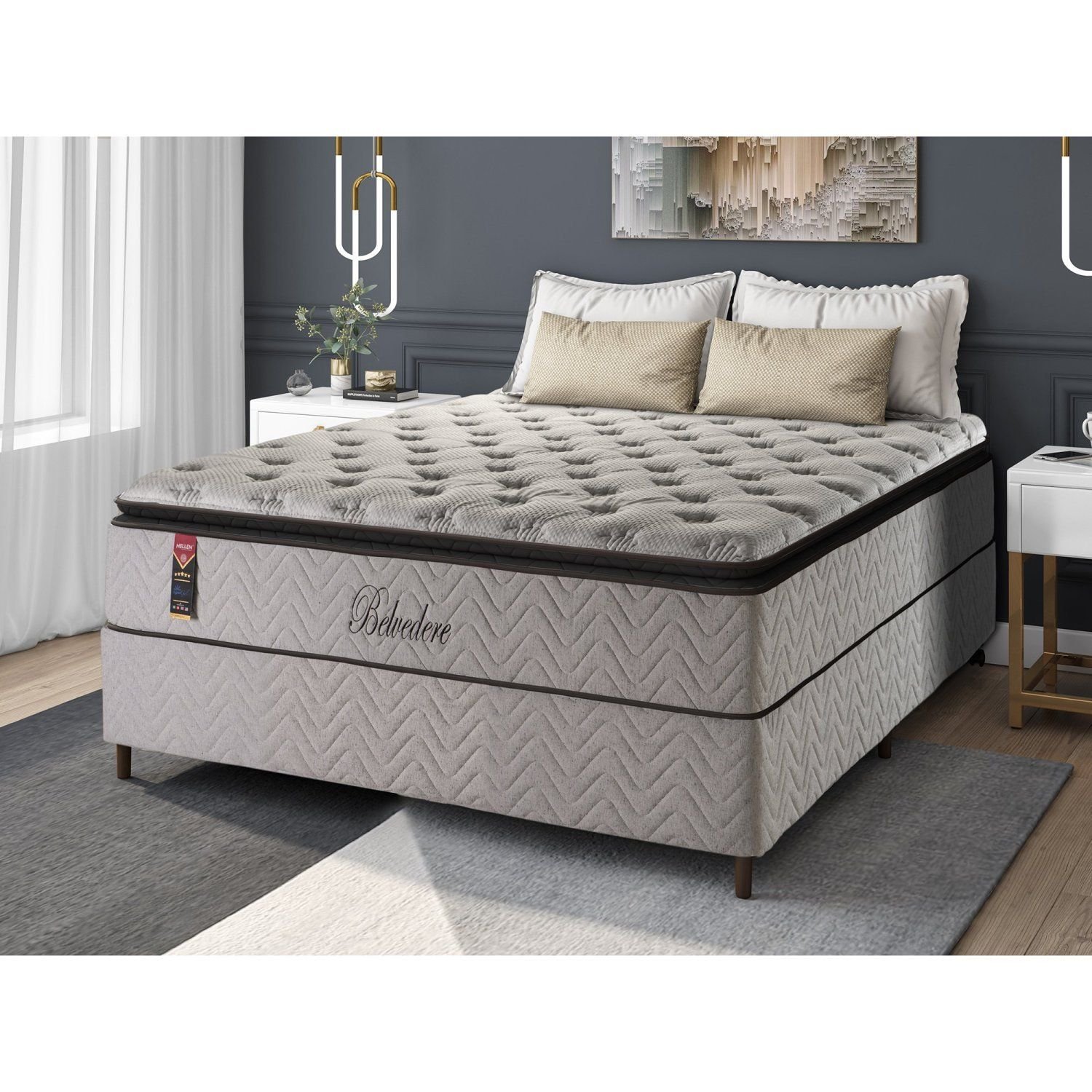 メベル クラムボックス 白&黒　アラン・フレッチャー Cama Box Casal Molas Ensacadas Belvedere 138x188x74 Cinza Hellen