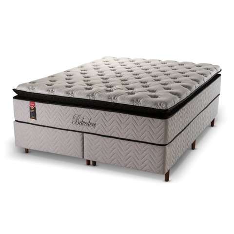 Cama Box Queen Molas Ensacadas com Pillow Jacquard Linho Belvedere 158x198x74cm Cinza Hellen Colchões