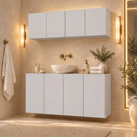 Conjunto de Banheiro com Aéreo e Balcão 4 Portas Suspenso 123,5cm Multimóveis MP5542 Branco