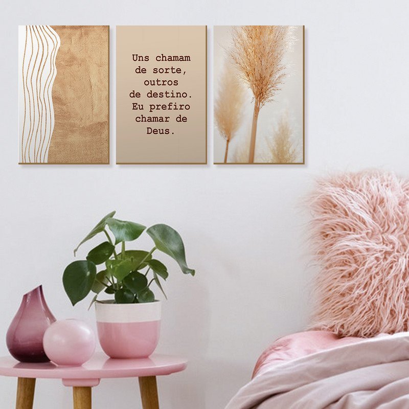 Kit 3 Quadros Decorativos Bege Boho Frase - 2