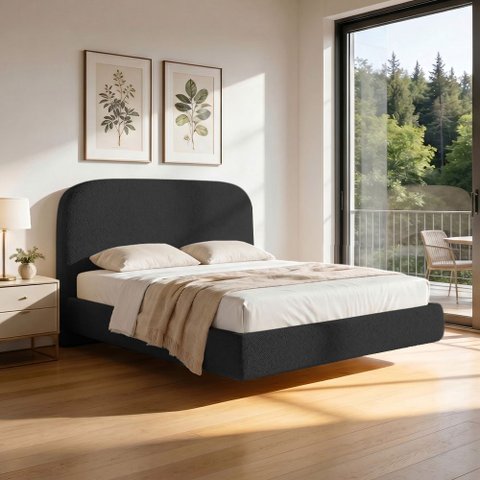 Cama Queen Flutuante com Cabeceira 160cm Aura W01 Bouclê Preto - Lyam Decor
