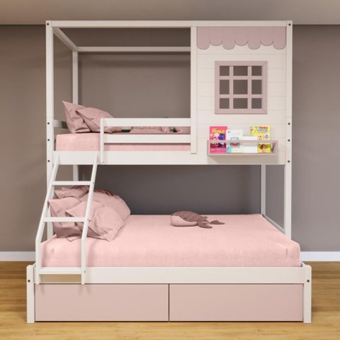 Beliche Casinha Reta Casal/ Solteiro 02 Gavetas Rosa Madeira Maciça Branco/ Rosa Housin