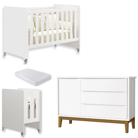 Quarto de Bebê Berço Evolution + Cômoda 1 Porta 3 Gavetas Classic Branco + Colchão