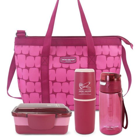 Conjunto de Bolsa Térmica com Pote de Marmita, Porta Escova e Pasta de Dente e Garrafa 500ml Vinho