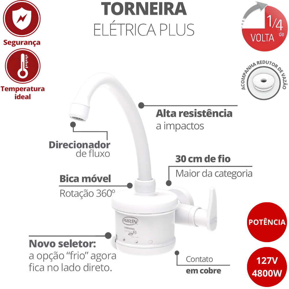 Torneira Elétrica Plus para Cozinha de Parede Bica Alta 4 Temperaturas ...