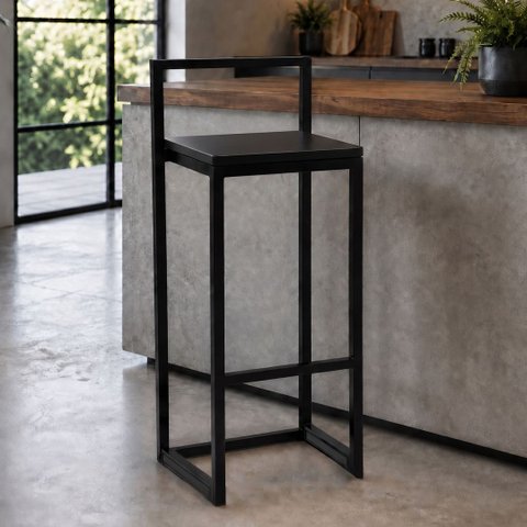 Banqueta Alta Bistrô Ferro e Madeira Milão Cor Preto - Kmj