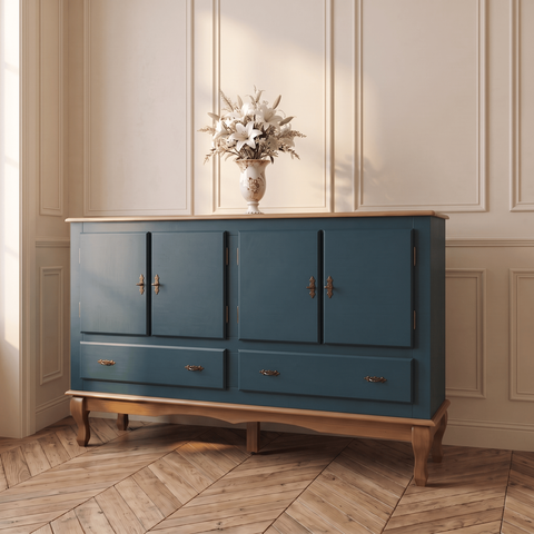 Balcão 4 Portas 2 Gavetas Maciço MDF Grande Buffet Sala Jantar Pés Luiz Xv Azul Petróleo - Imbuia