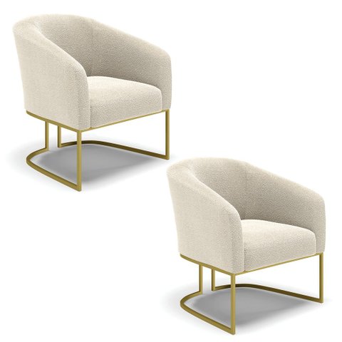 Kit 2 Poltronas Stella Bouclê Base Metálica Industrial Dourado - D'Rossi Bege