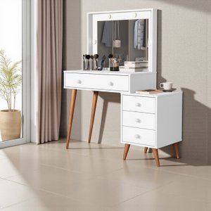 Penteadeira Camarim Ágata 4 Gavetas Espelho Luz Led Pés Madeira Maciça:branco