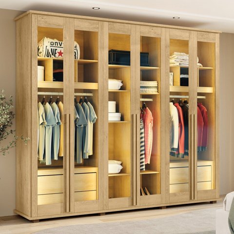 Guarda-Roupa Casal 6 Portas com Vidro Reflecta e LED 4 Gavetas Internas 3 Maleiros Royal Marrom/Cinamomo