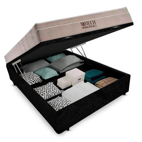 Cama Baú Casal Suede + Colchão Casal Ortobom Airtech Molas Superpocket (65x138x188) Preto
