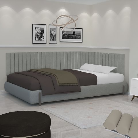 Conjunto de Cabeceira Viuva Solteirão Palito Estofado Suspensa com Proteção Lateral - 128 Cm - Cinza
