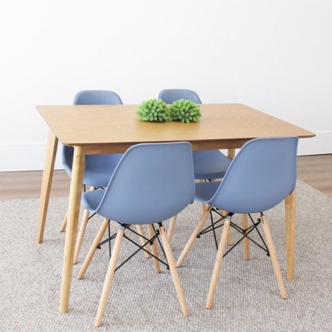 Conjunto Mesa Pés Madeira Maciça Tampo MDF Laminado com 4 Cadeiras Finlândia 120x75cm Azul/Bali/Marrom