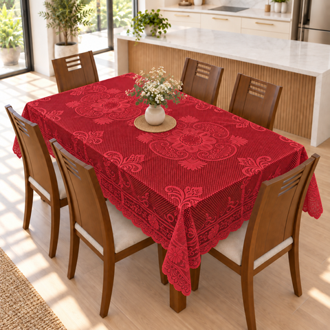 Toalha de Mesa de Renda 6 Lugares Retangular Vermelho