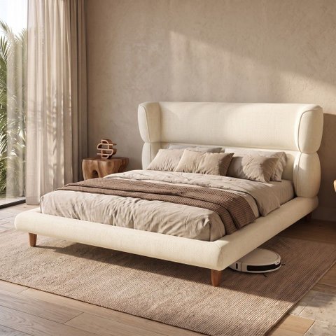 Cama Box Base Queen com Cabeceira Mochi 158x198 Estofada Orgânica Japonesa Linho Bege - Desk Design
