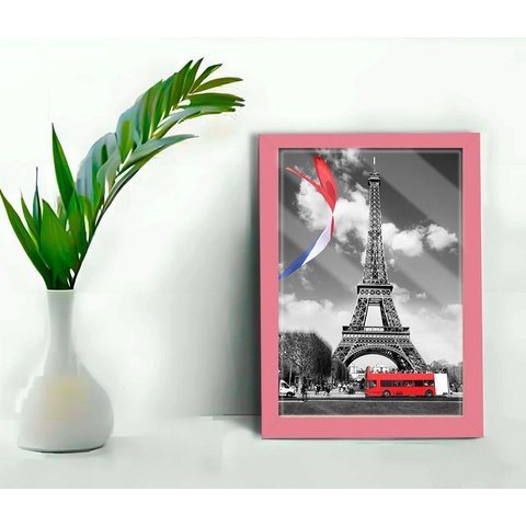 Quadro Decorativo Paris Torre Eiffel Sala + Vidro 33x25 A4:rosa