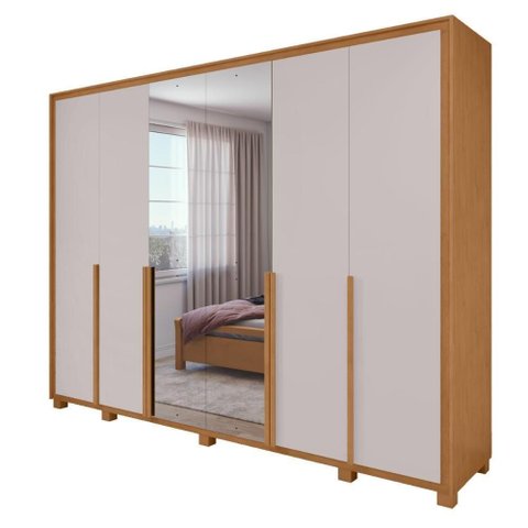 Guarda Roupa Casal Easy Space 6 Portas de Bater 6 Gavetas MDF com Espelho Amendoa Clean-Off White