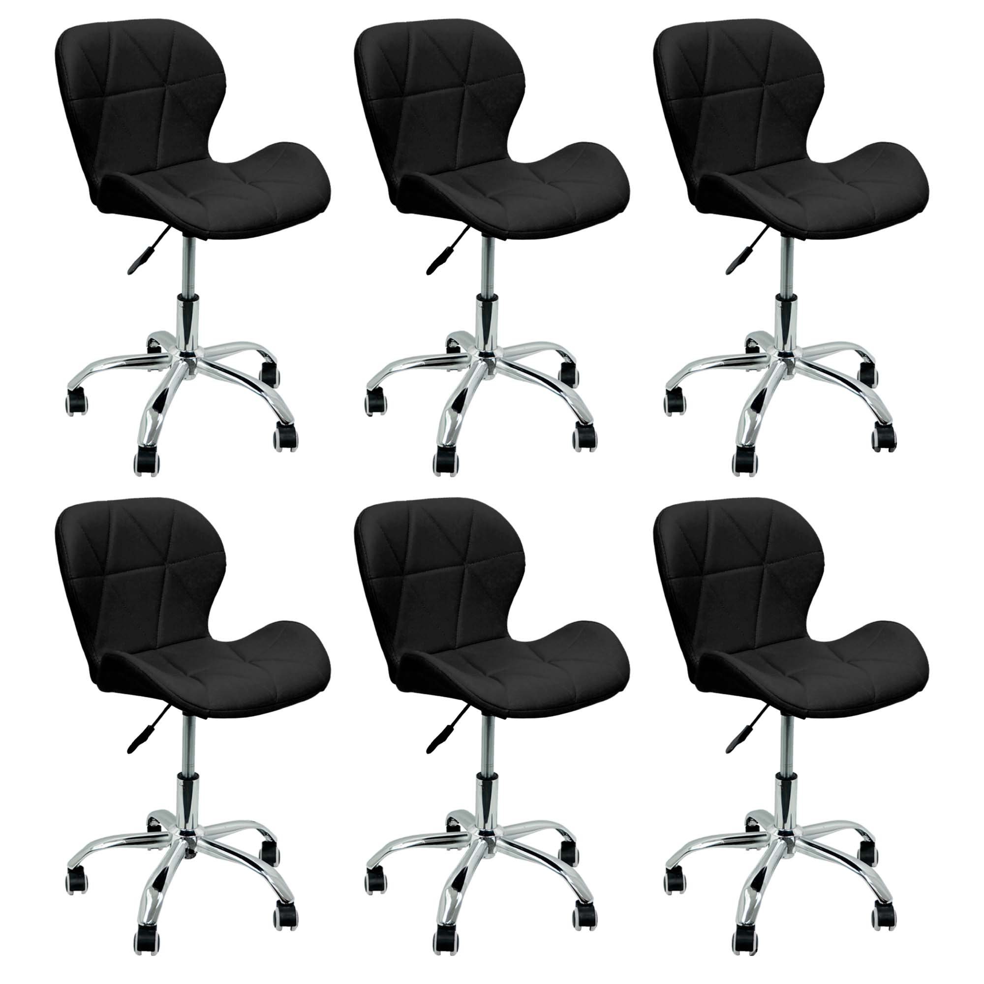Kit 6 Cadeiras Slim Office Estofada Base Giratória Cromada - Preto