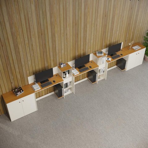 Conjunto de Escritório Smart 2 Livreiro 2 Buffet e 3 Mesas 90cm - Off White e Cedro