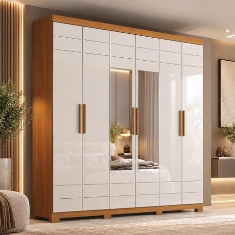 Guarda Roupa Casal Flora 6 Portas Cinamomo/Off White com Espelho - Móveis Henn