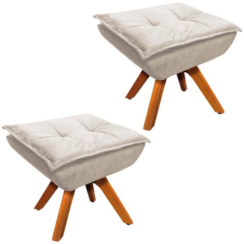 Kit 2 Puff's Decorativos Base Giratória em Madeira Charger Suede Bege - Gran Belo