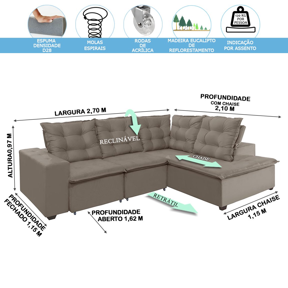 Sofá de Canto Montreal Retrátil, Reclinável 2,70x2,10 Metros, Chaise Fixo, 4 Lugares, Pillow Top, Ca - 4