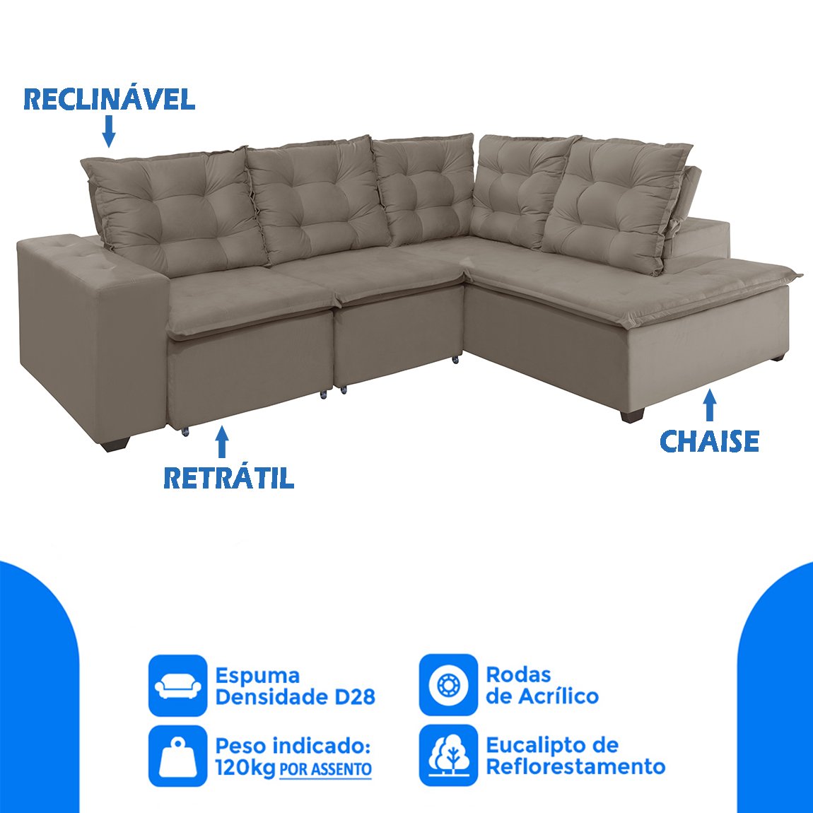 Sofá de Canto Montreal Retrátil, Reclinável 2,70x2,10 Metros, Chaise Fixo, 4 Lugares, Pillow Top, Ca - 3