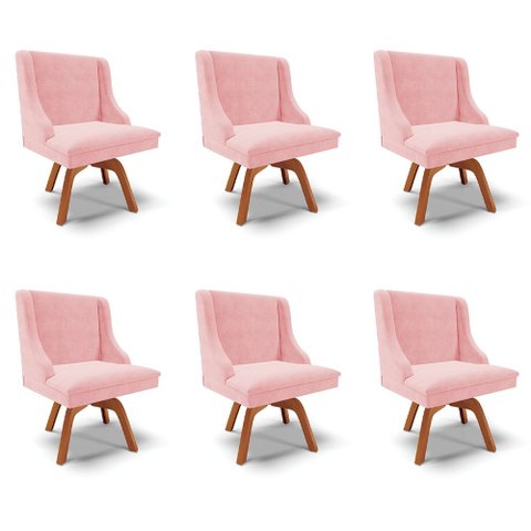Kit 6 Cadeiras Decorativas Sala de Jantar Base Giratória de Madeira Firenze Suede Rosa Bebê/Natural 