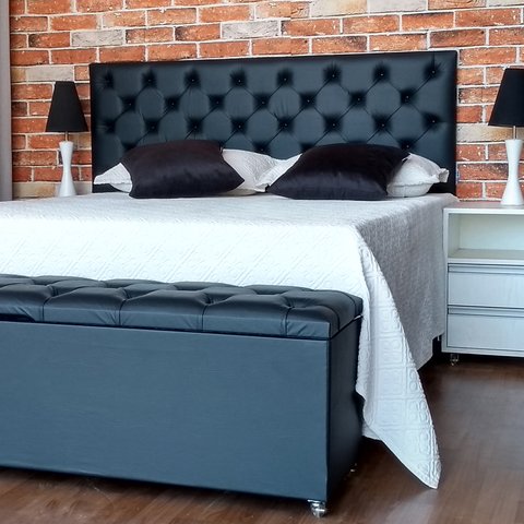 Kit Cabeceira e Recamier Luna Capitonê Baú Queen Cama Box Preto Rbl