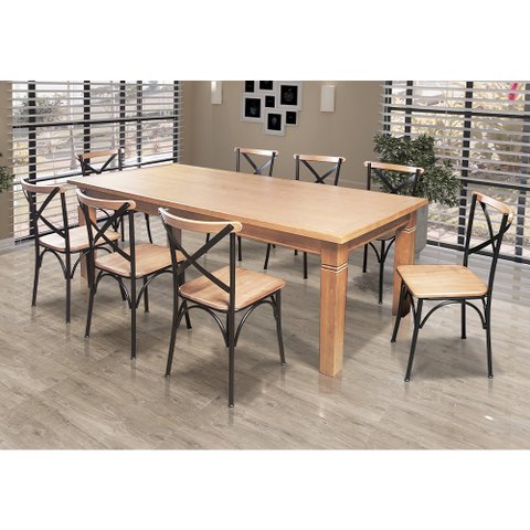 Mesa Jantar Retangular Madeira Maciça Aurora 200x100 com 8 Cadeiras Paris Base Alumínio - Natural