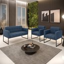 Ver imagem 2 de Kit 1 Sofá Namoradeira e 2 Poltronas Elisa Suede Azul Marinho Base Metálica Industrial Preto - D'Ros