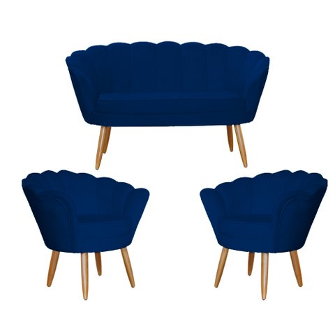 Kit Namoradeira + 2 Poltronas Decorativa Pétala Suede Azul Marinho Pés Madeira Mz Decor