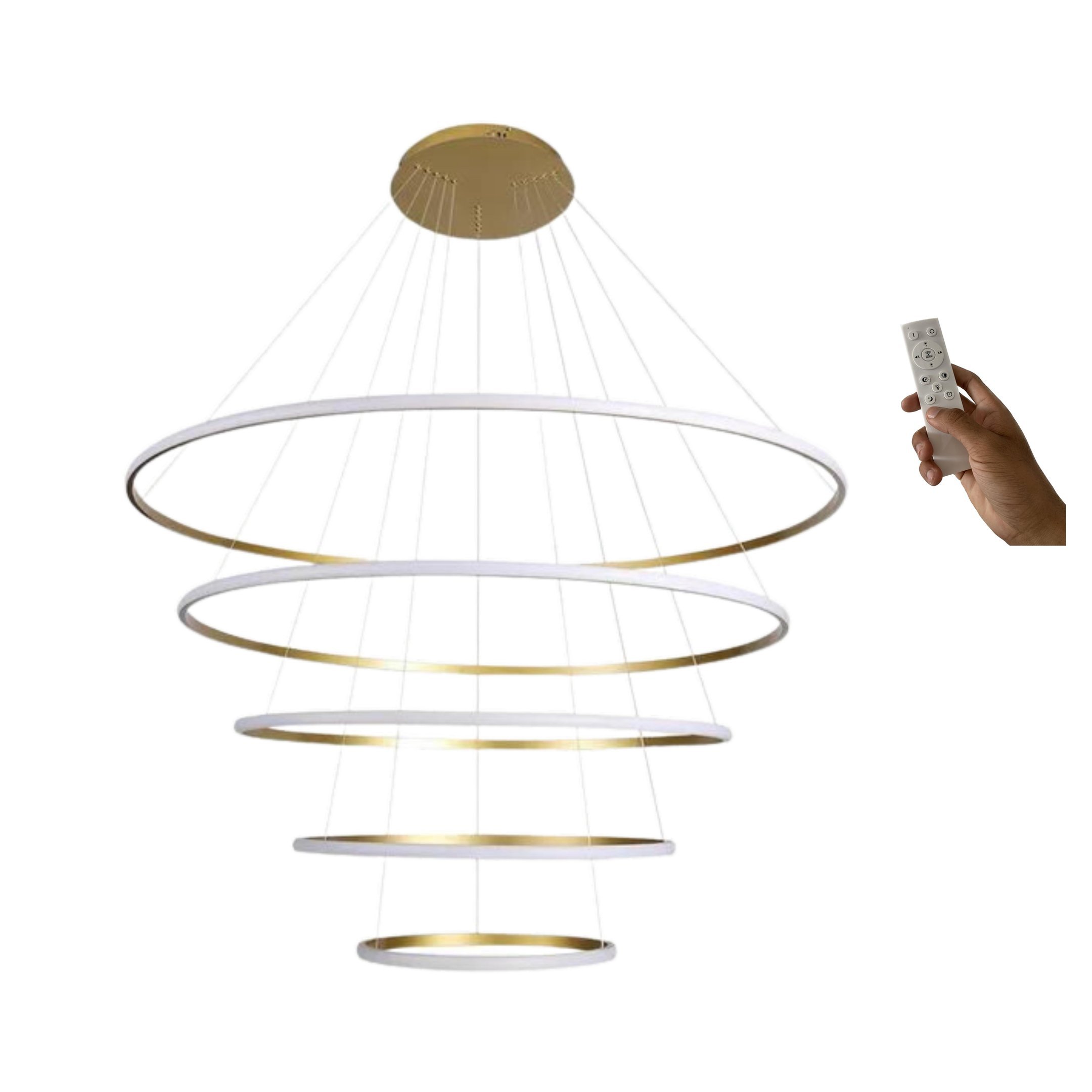 Lustre Led 5 Anéis Moderno 250w 120cm Dourado C/ Controle