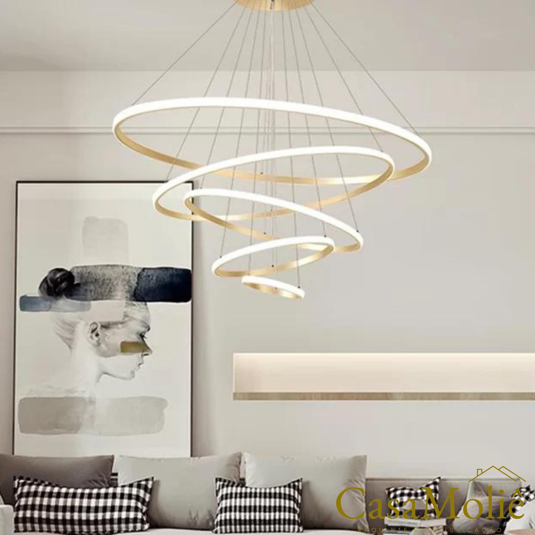 Lustre Led 5 Anéis Moderno 250w 120cm Dourado C/ Controle - 6