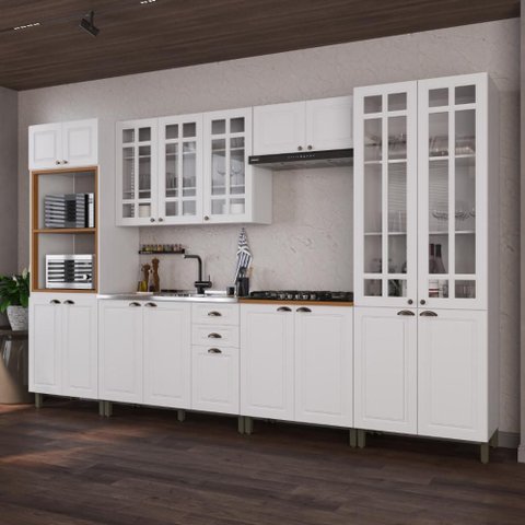 Armário de Cozinha Modulada Completa Fidelitá Nara 100% MDF 6 Peças 350cm 18 Portas 2 Gavetas sem