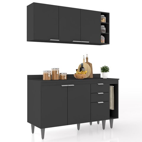 Armário de Cozinha Cp08 e Tampo 118cm Pérola Z34 Preto - Mpozenato