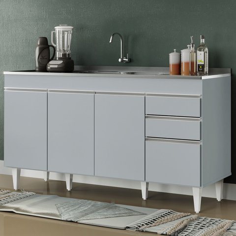 Balcão de Cozinha com Pia Inox 150cm 4 Portas Marrocos Cinza Claro - Lumil Lumil Móveis