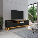 Ver imagem 1 de Rack para TV até 70 Polegadas MDF 180cm Pés em Madeira Maciça 2 Portas 1 Gaveta 2 Nichos Decor Preto