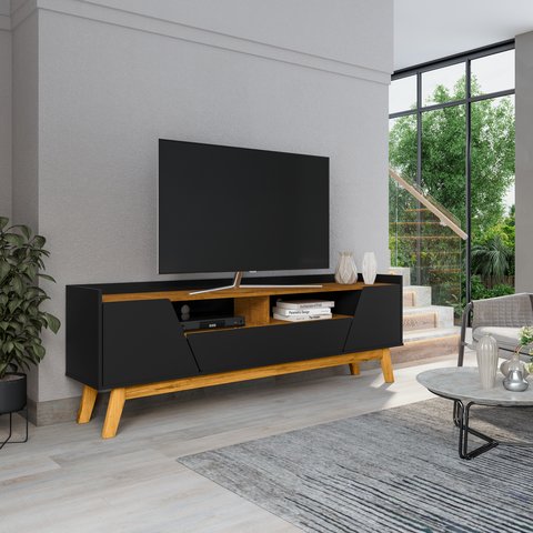 Rack para TV até 70 Polegadas MDF 180cm Pés em Madeira Maciça 2 Portas 1 Gaveta 2 Nichos Decor